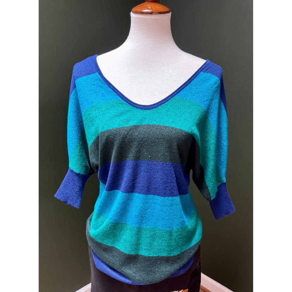 Express Striped‎ Sparkle Top V-Neck 3/4 Sleeve Blouse Size S